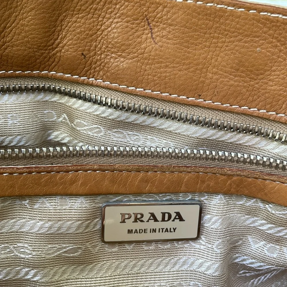 Vintage tan/silver Prada nylon/leather bag with dust bag